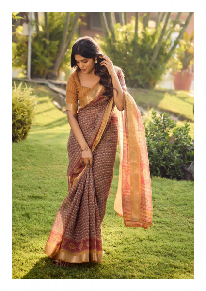 Image of Coffee Pure Soft Cotton Digital Printed With Zari Weaved Border Saree