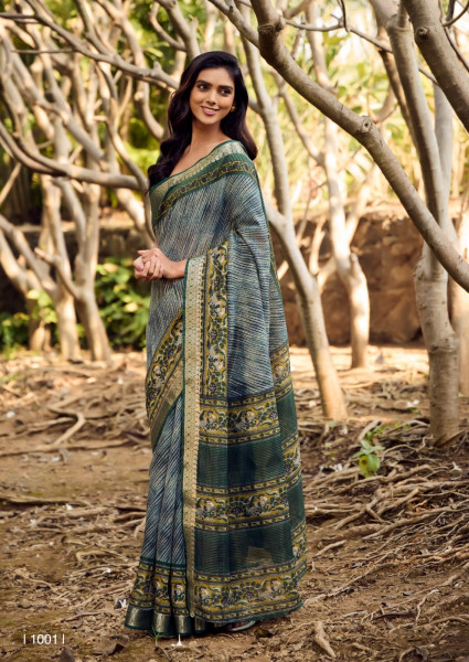 Image of Jade Green Pure Soft Cotton Digital Printed With Zari Weaved Border Saree