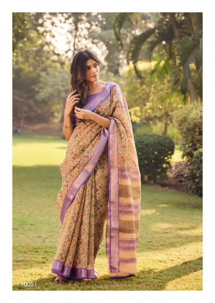 Image of Cream Pure Soft Cotton Digital Printed With Zari Weaved Border Saree