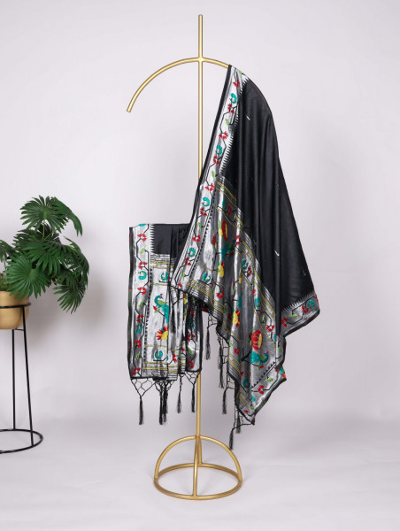 Image of Black Banarasi Silk Paithani Zari Meenakari Weaved Dupatta