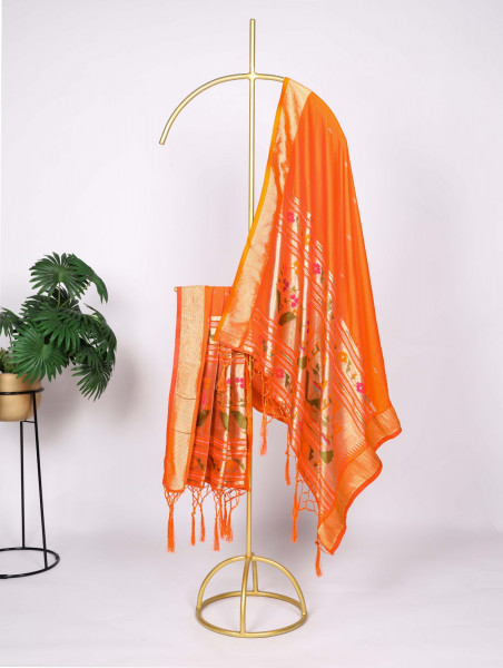 Image of Orange Banarasi Silk Paithani Zari Meenakari Weaved Dupatta