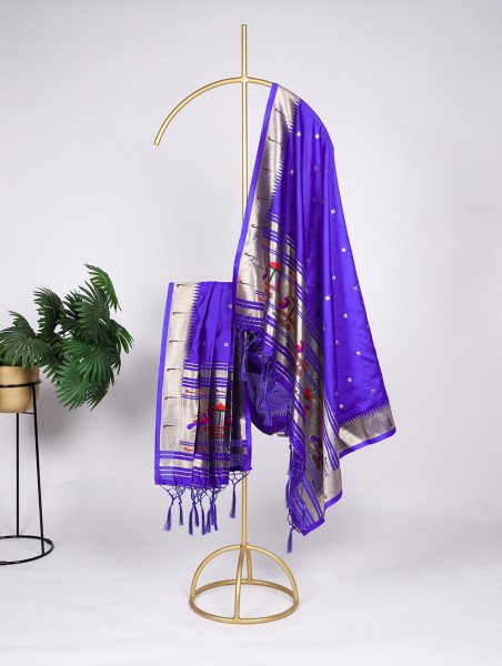 Image of Royal Blue Banarasi Silk Paithani Zari Meenakari Weaved Dupatta