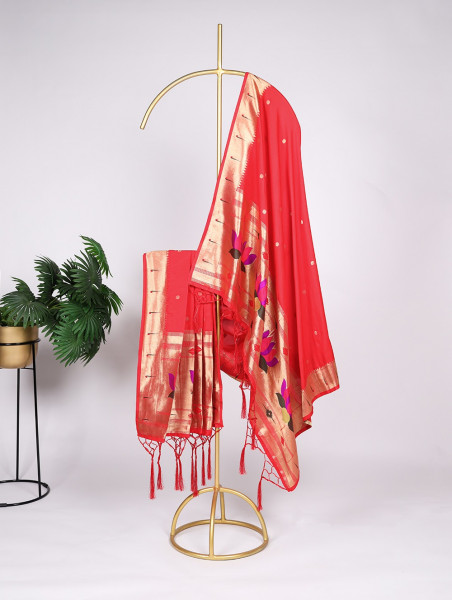 Image of Red Banarasi Silk Paithani Zari Meenakari Weaved Dupatta