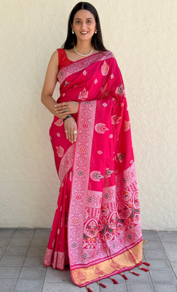 Image of Red Pure Muslin Silk Rich Meenakari Weaved Body Pallu Border Saree