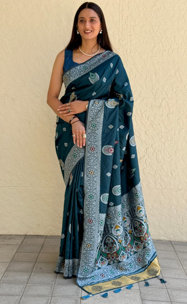 Image of Jade Green Pure Muslin Silk Rich Meenakari Weaved Body Pallu Border Saree