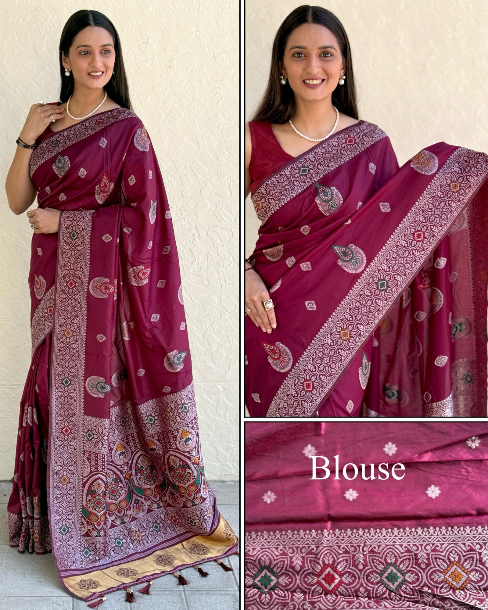 Wine Pure Muslin Silk Rich Meenakari Weaved Body Pallu Border Saree