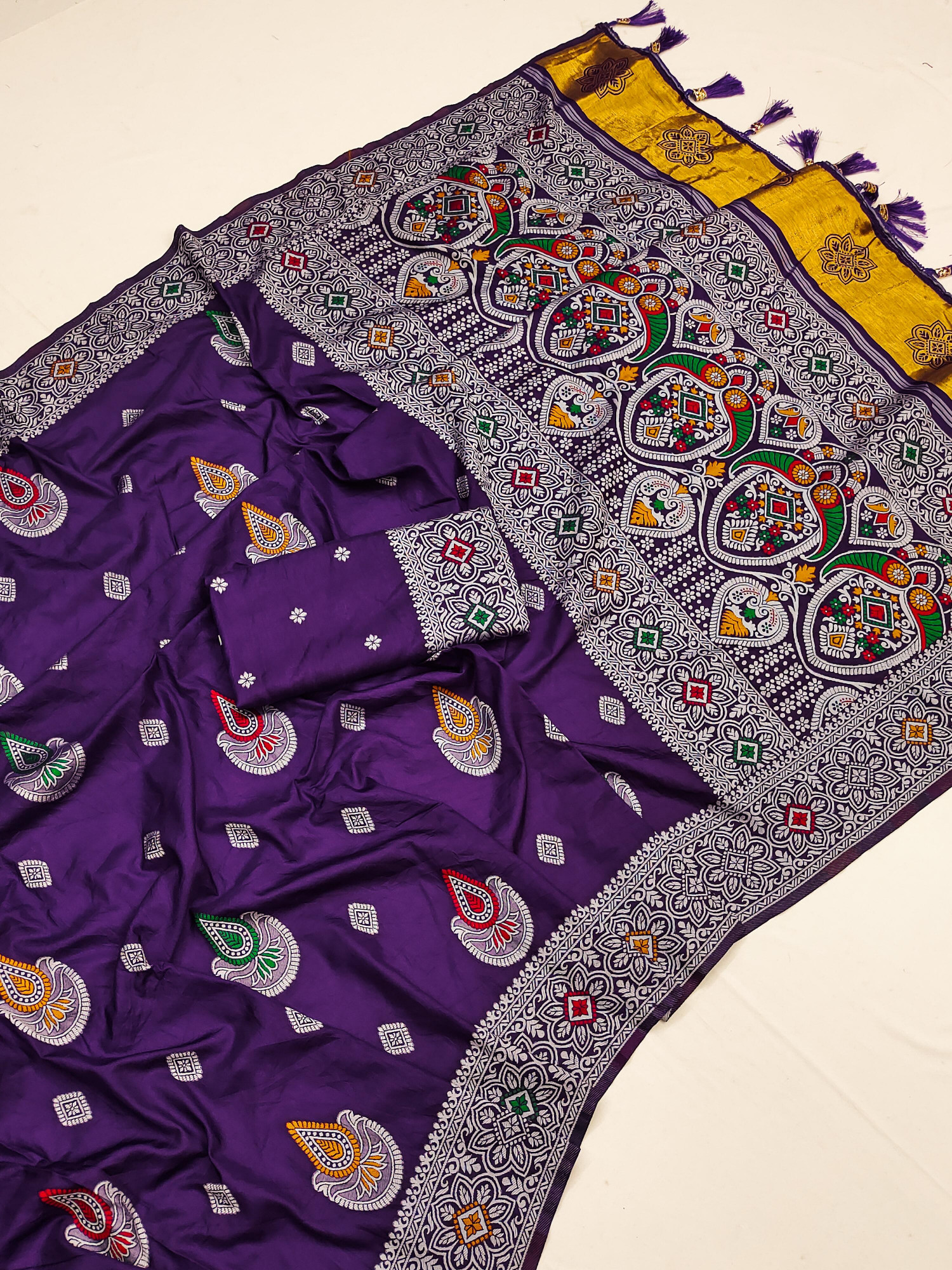 Indigo Pure Muslin Silk Rich Meenakari Weaved Body Pallu Border Saree