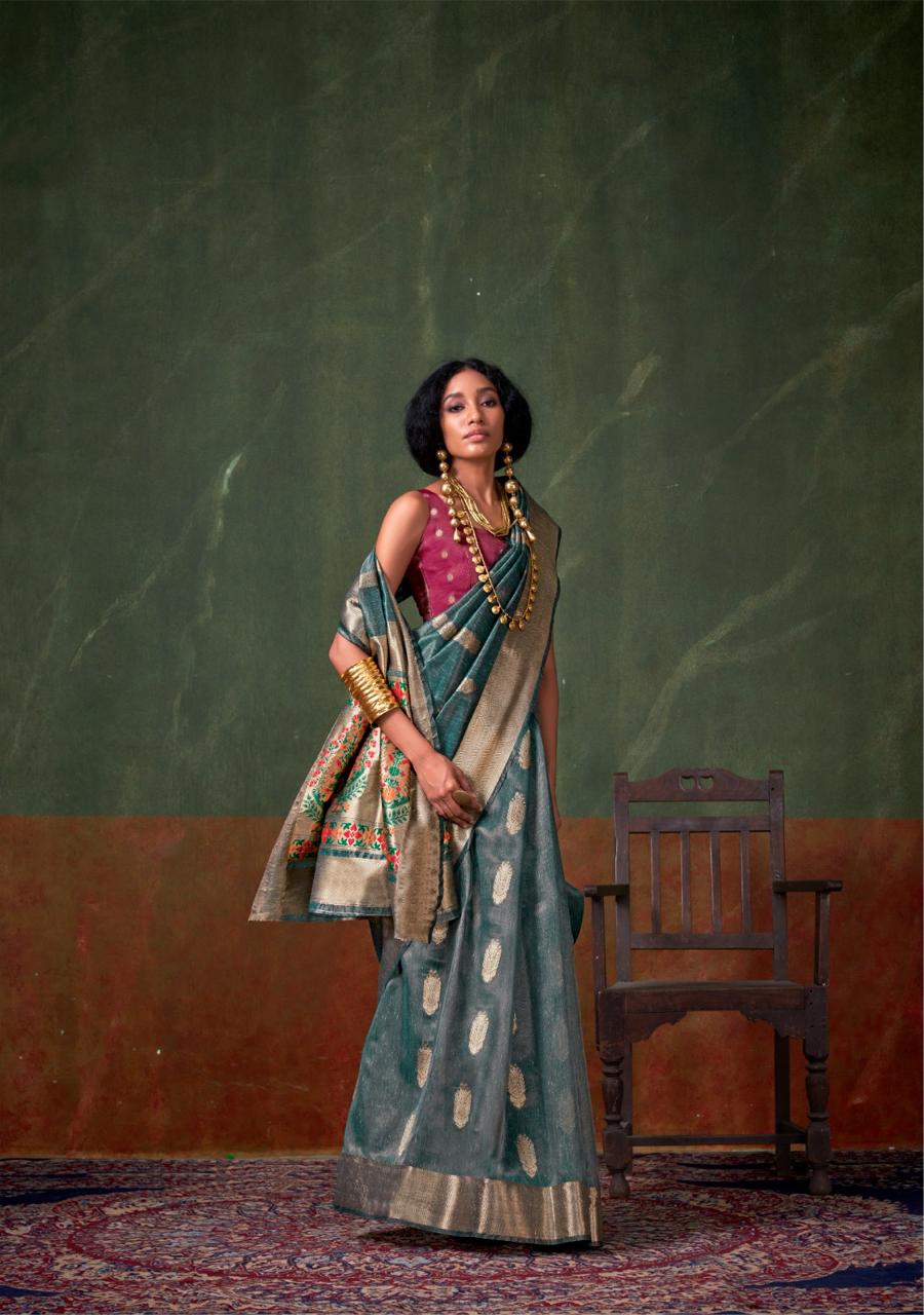 Teal Pure Handloom Paithani Zari Tissue Silk Weaved Saree