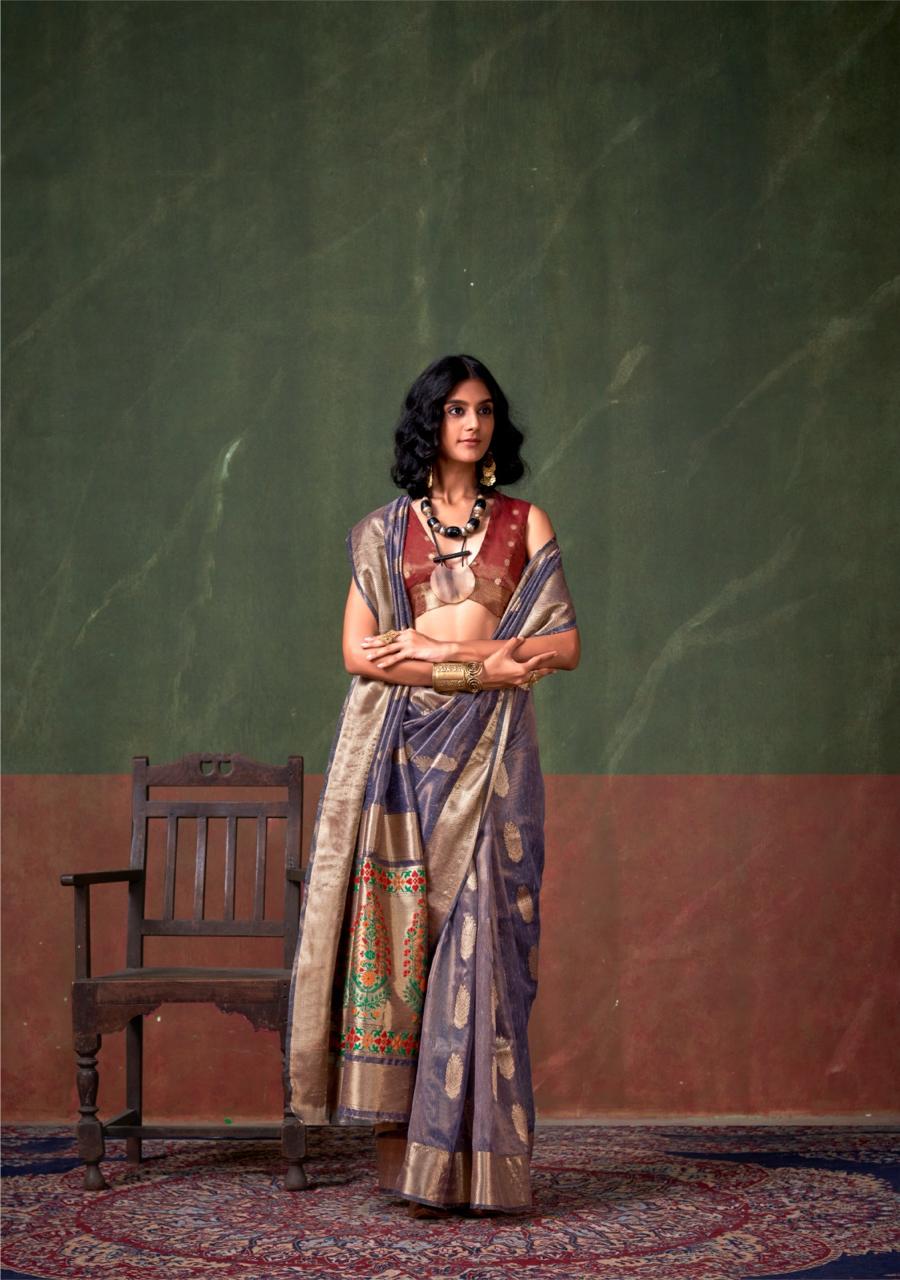 Graphite Pure Handloom Paithani Zari Tissue Silk Weaved Saree