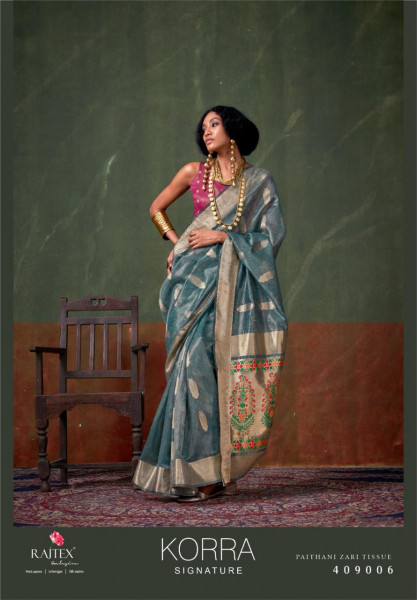 Image of Teal Pure Handloom Paithani Zari Tissue Silk Weaved Saree