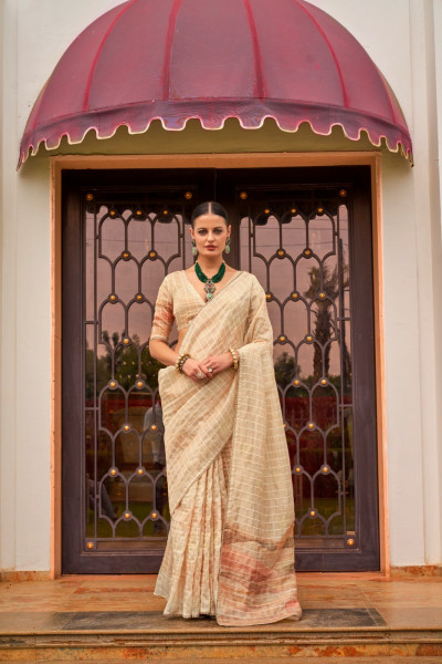 Image of Cream Pure Tissue Silk Check Body Printed Pallu Saree