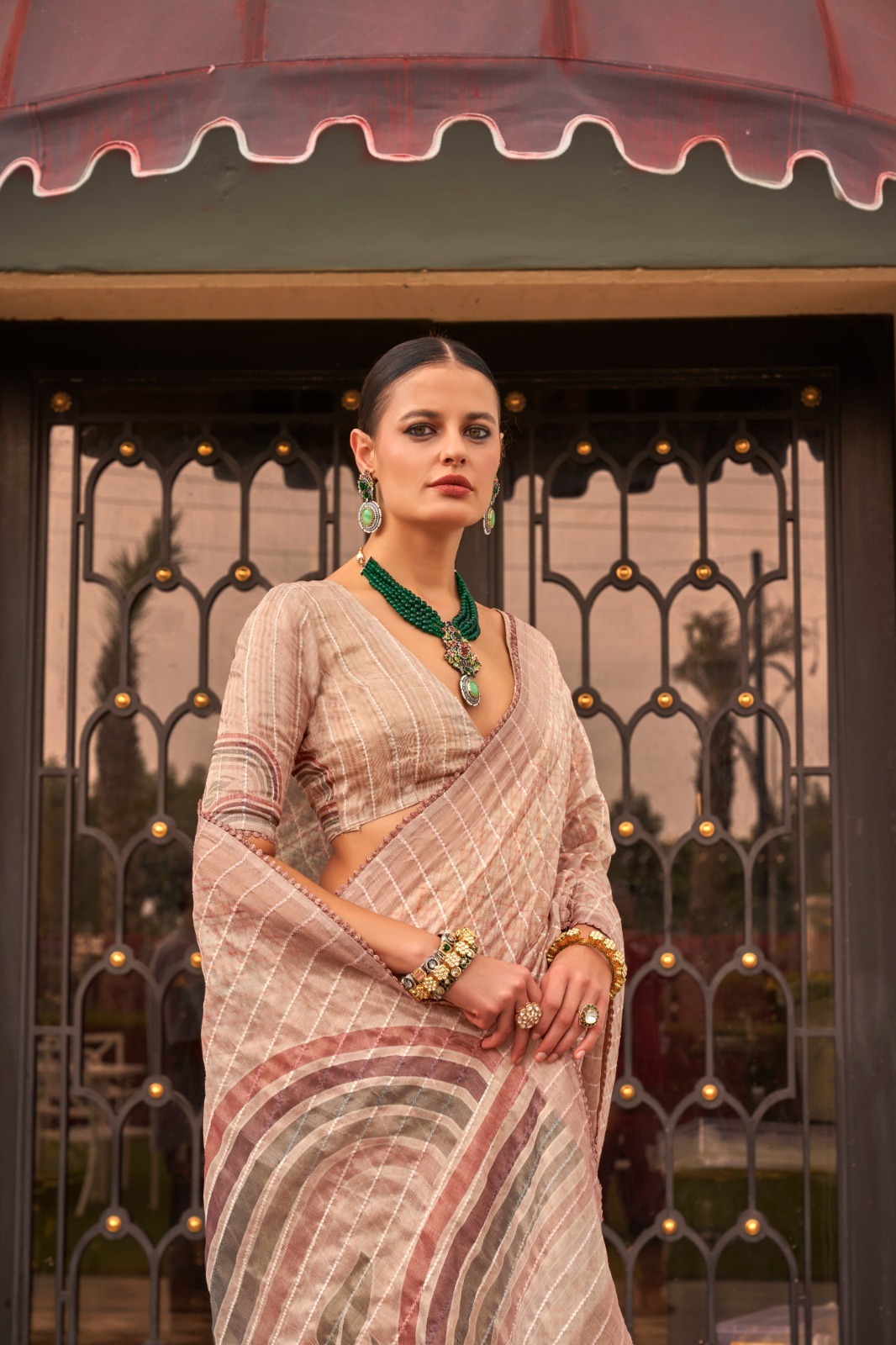 Peach Pure Tissue Silk Check Body Printed Pallu Saree