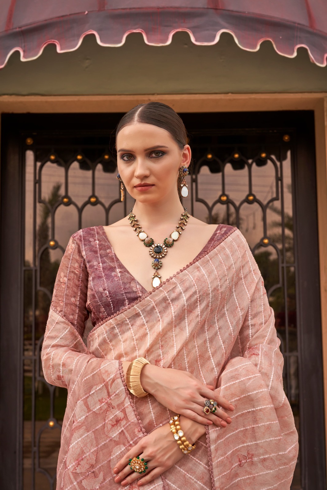 Pink Pure Tissue Silk Check Body Printed Pallu Saree