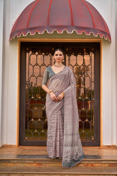 Image of Purple Pure Tissue Silk Check Body Printed Pallu Saree