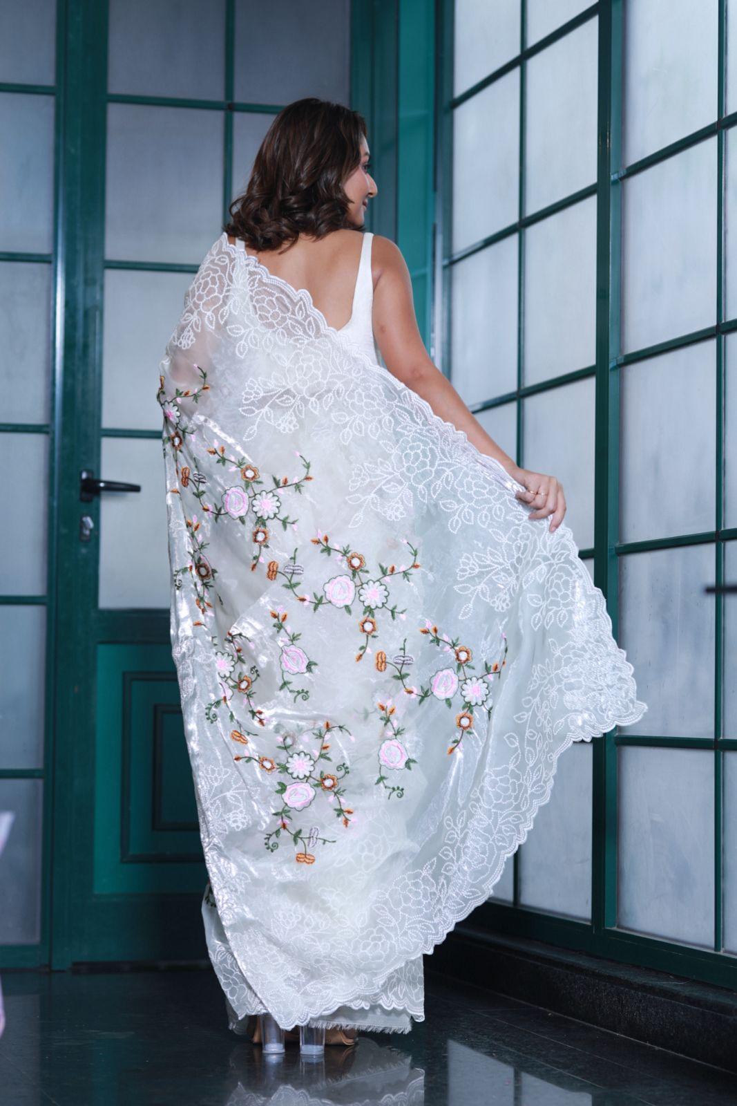 Off-White Pure Organza Silk Lucknowi Embroidery Work Saree