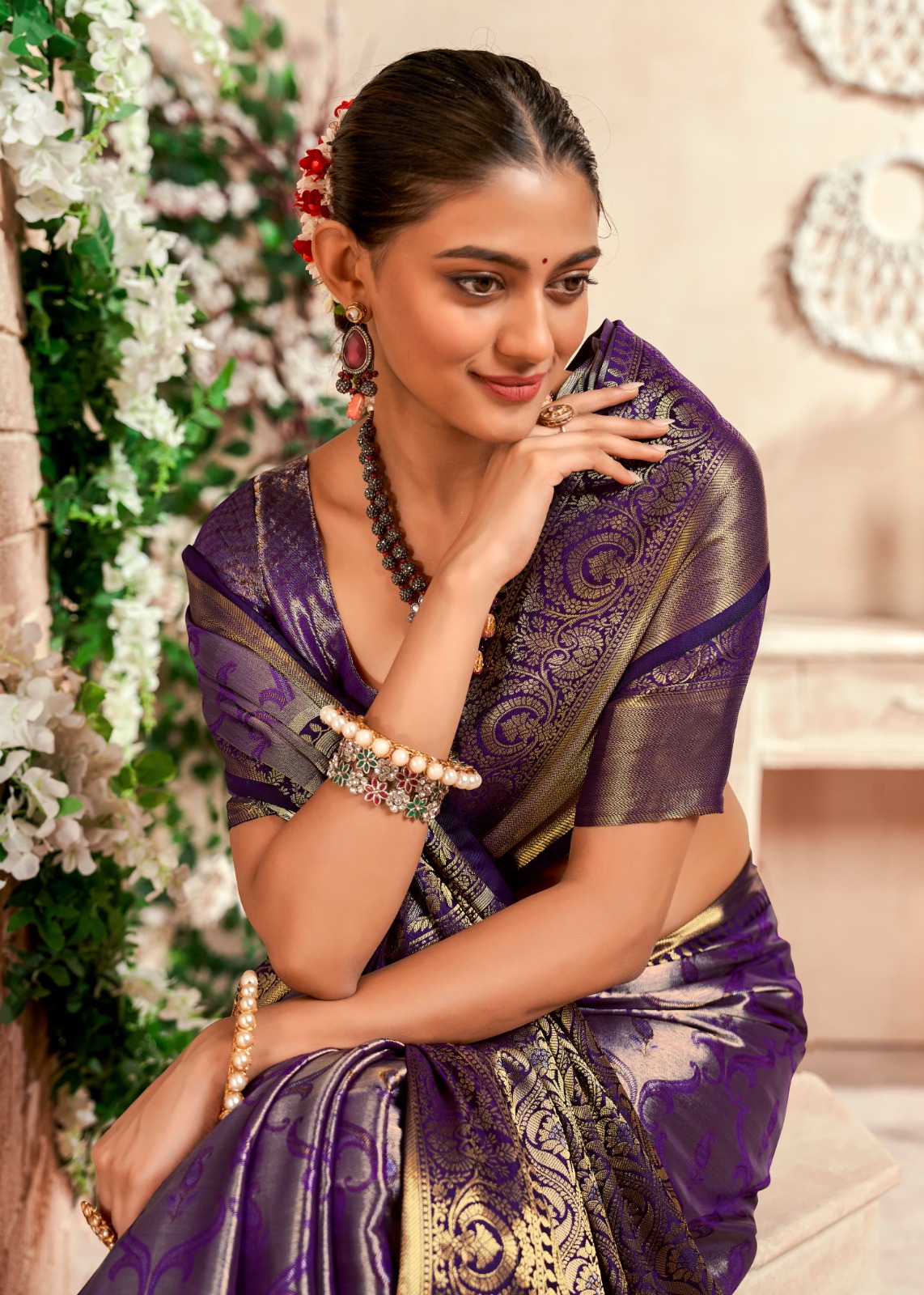 Purple Pure Dharmavaram Silk All Over Rich Zari Weaved Saree