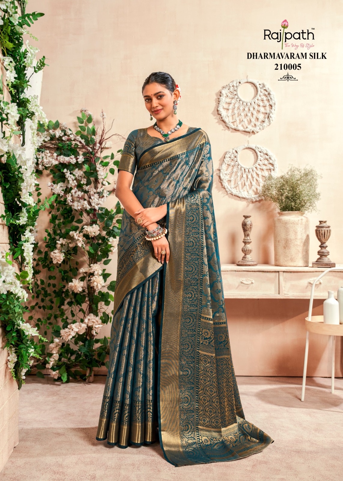 Teal Pure Dharmavaram Silk All Over Rich Zari Weaved Saree