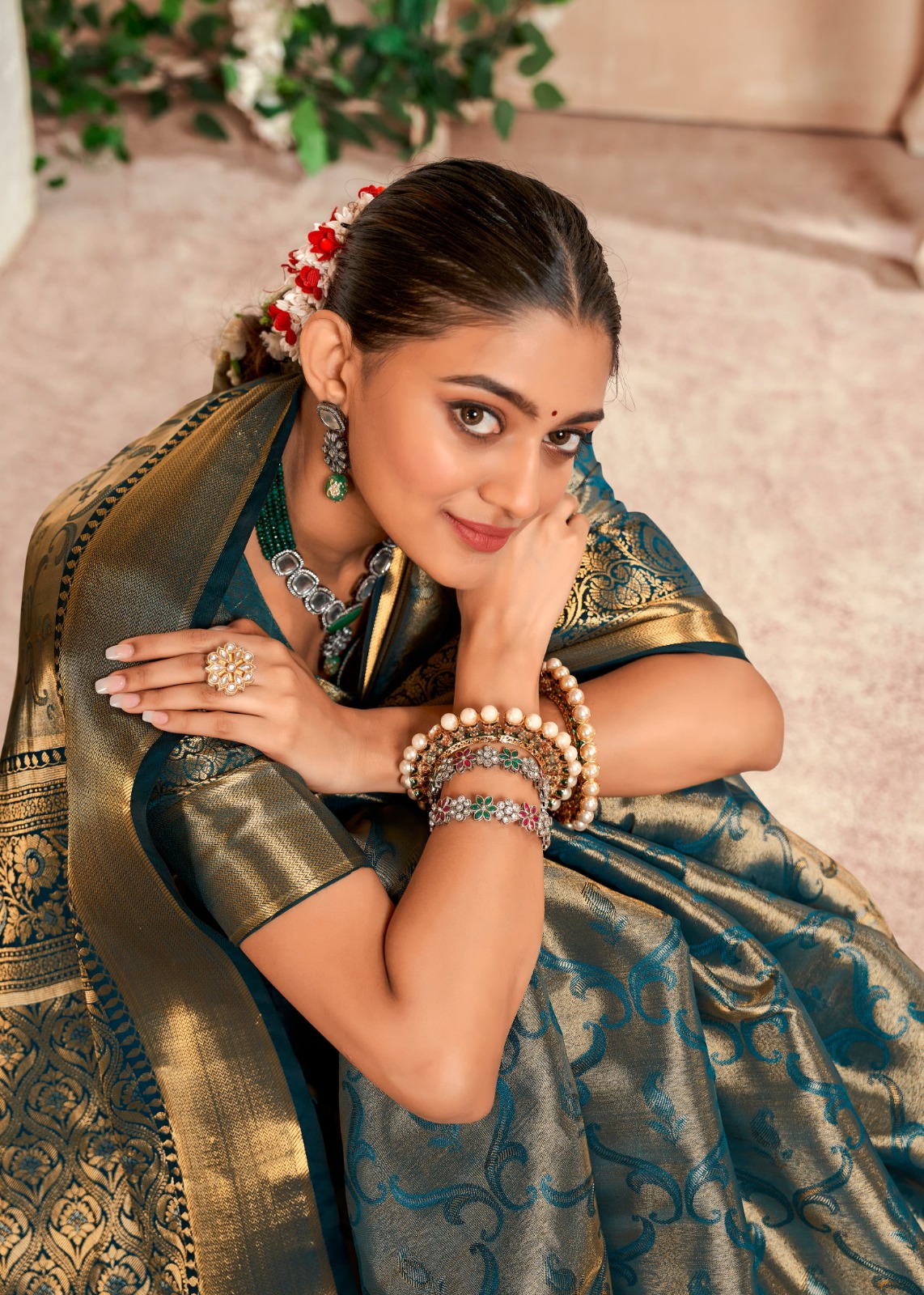 Teal Pure Dharmavaram Silk All Over Rich Zari Weaved Saree