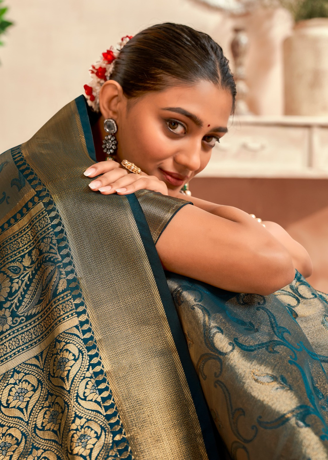 Teal Pure Dharmavaram Silk All Over Rich Zari Weaved Saree