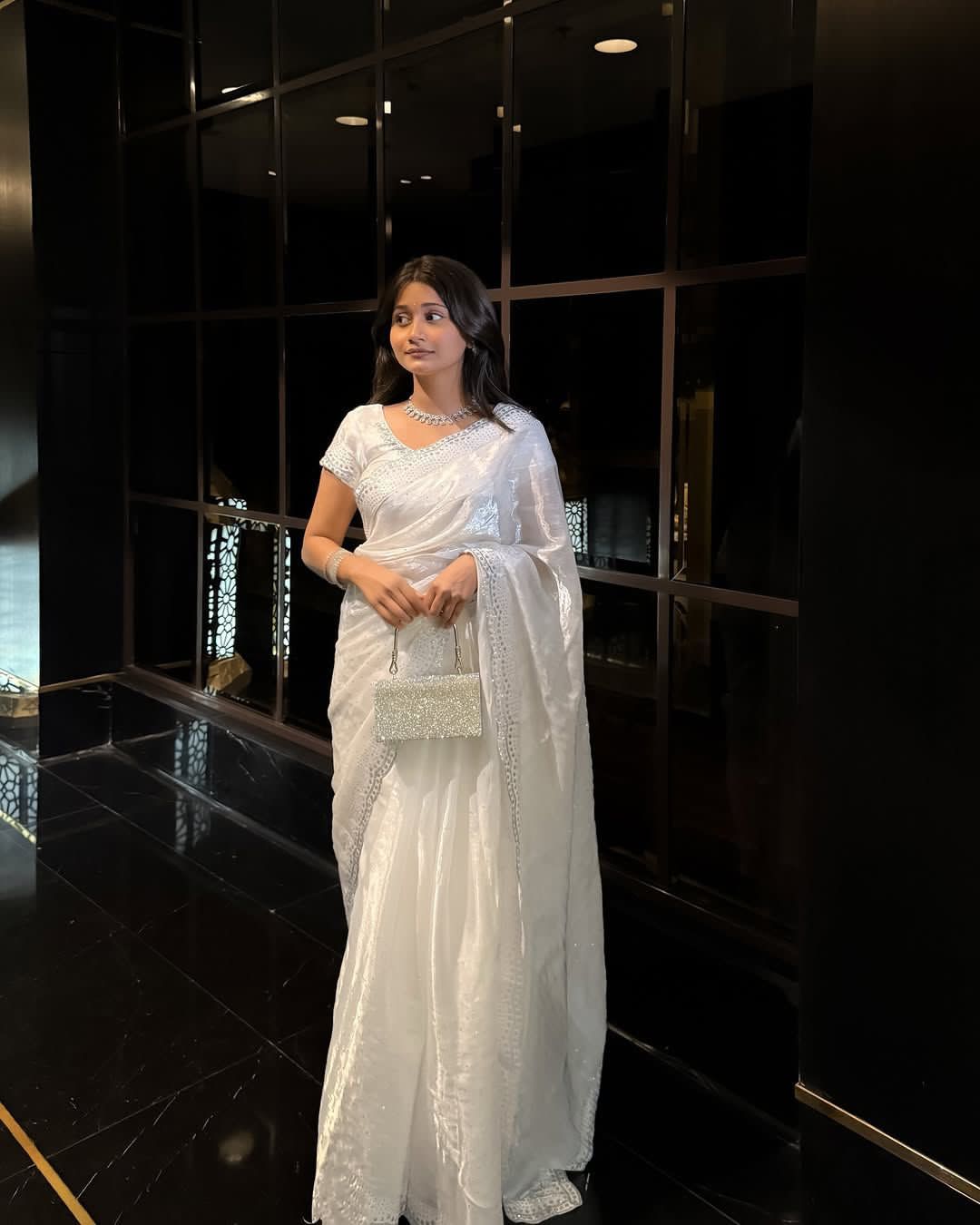Off-White Pure Soft Burberry Crystal Diamond Arco Work Saree