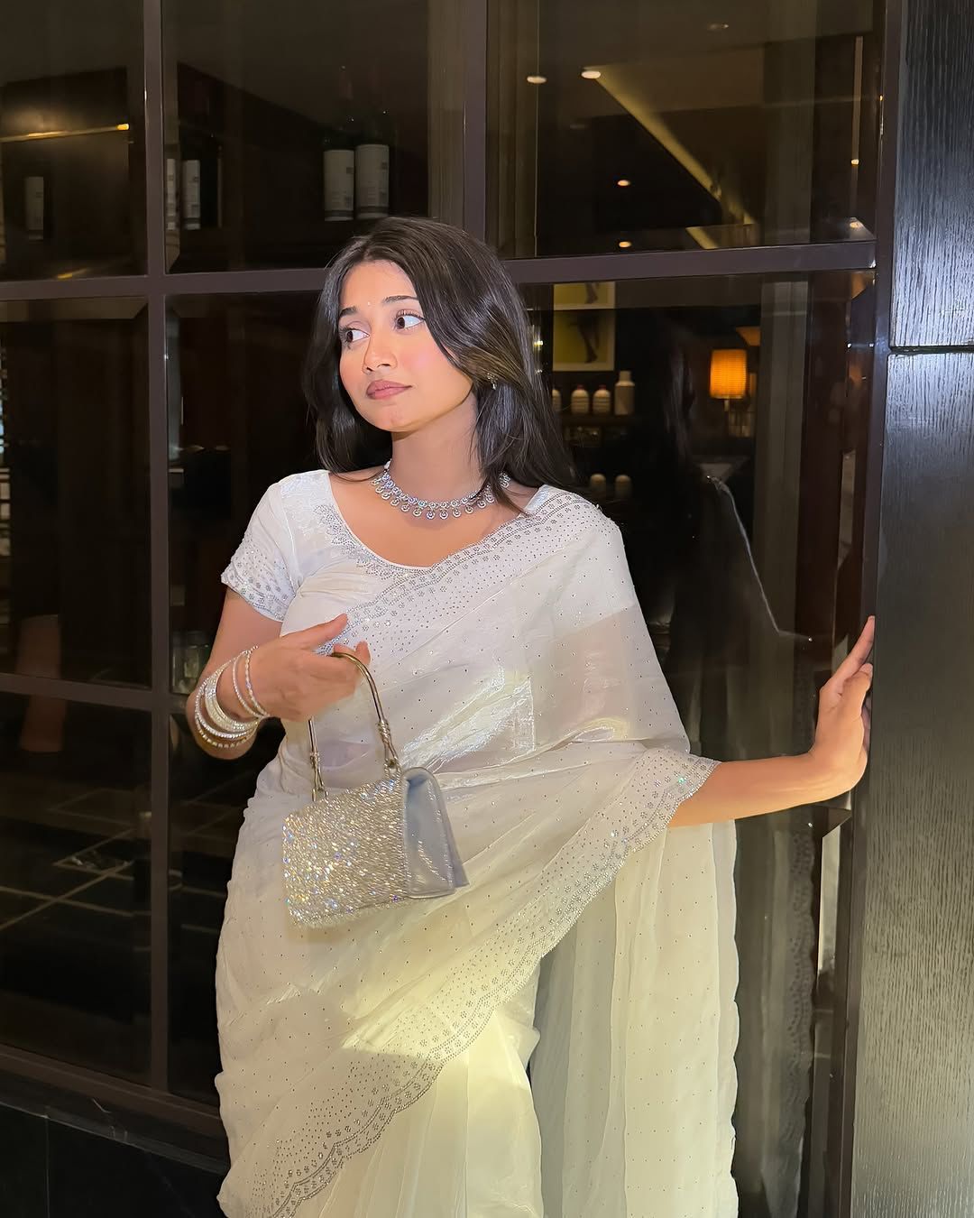 Off-White Pure Soft Burberry Crystal Diamond Arco Work Saree