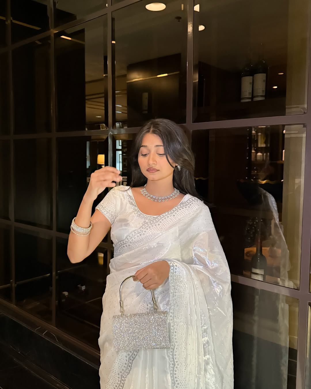 Off-White Pure Soft Burberry Crystal Diamond Arco Work Saree