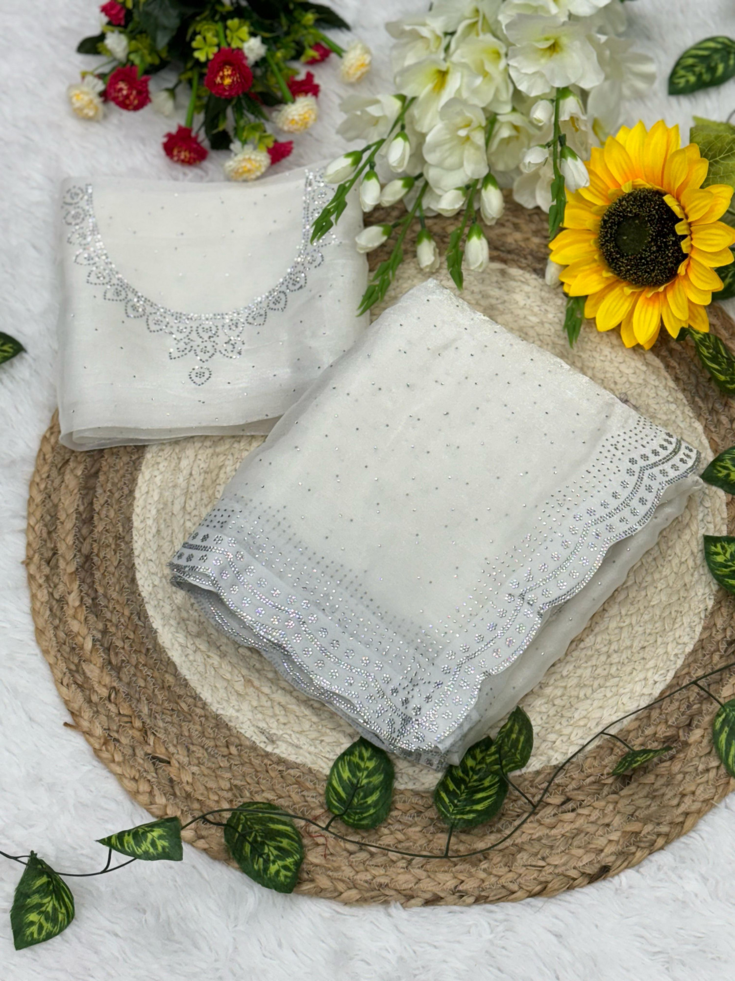 Off-White Pure Soft Burberry Crystal Diamond Arco Work Saree