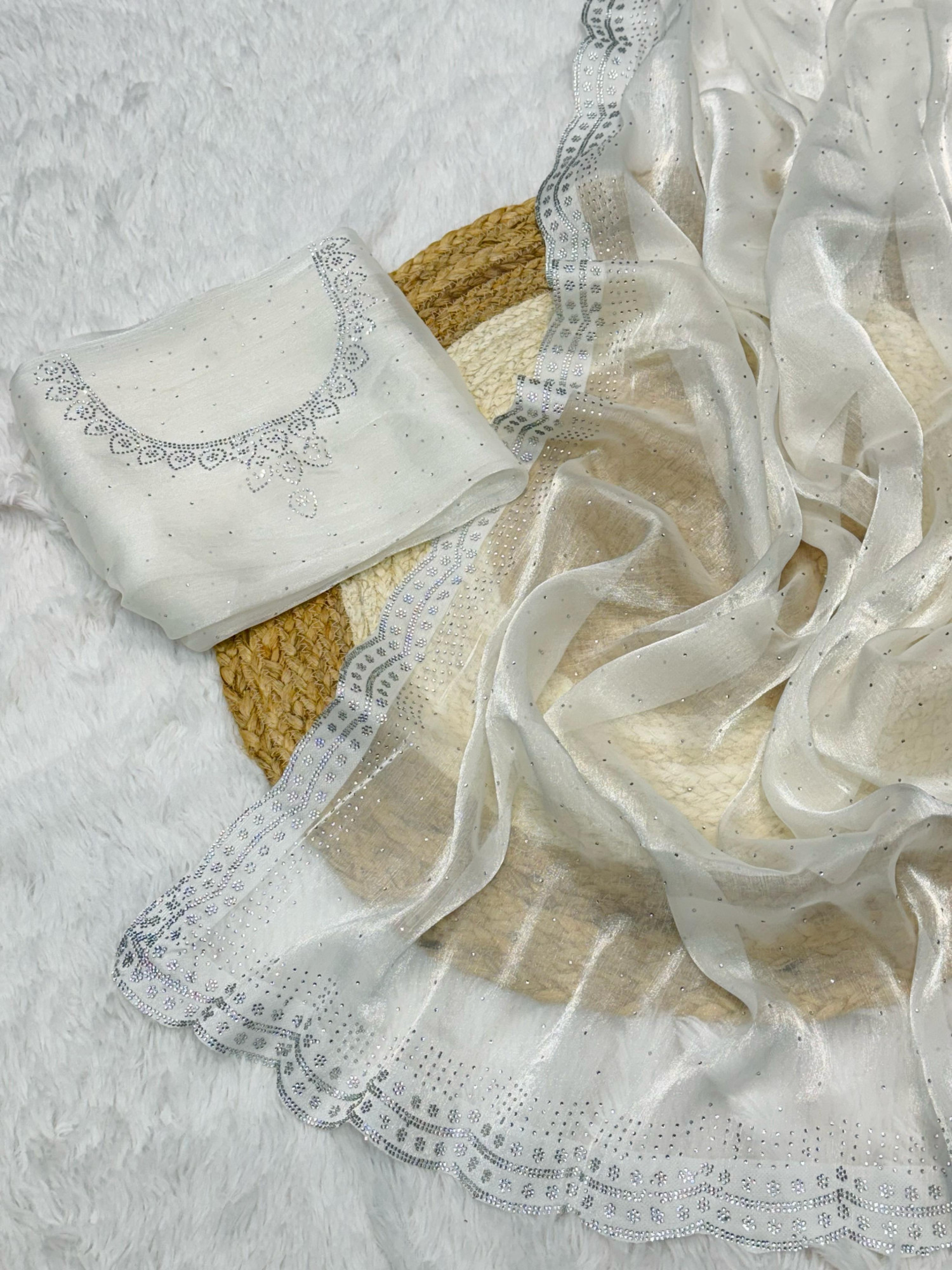 Off-White Pure Soft Burberry Crystal Diamond Arco Work Saree