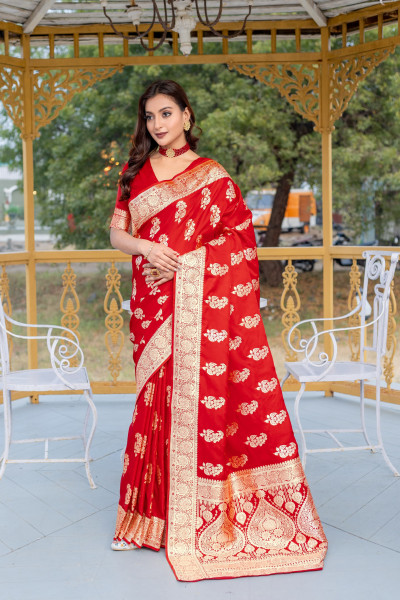 Image of Red Pure Mushroo Banarasi Satin Silk Rich All Over Zari Weaved Saree