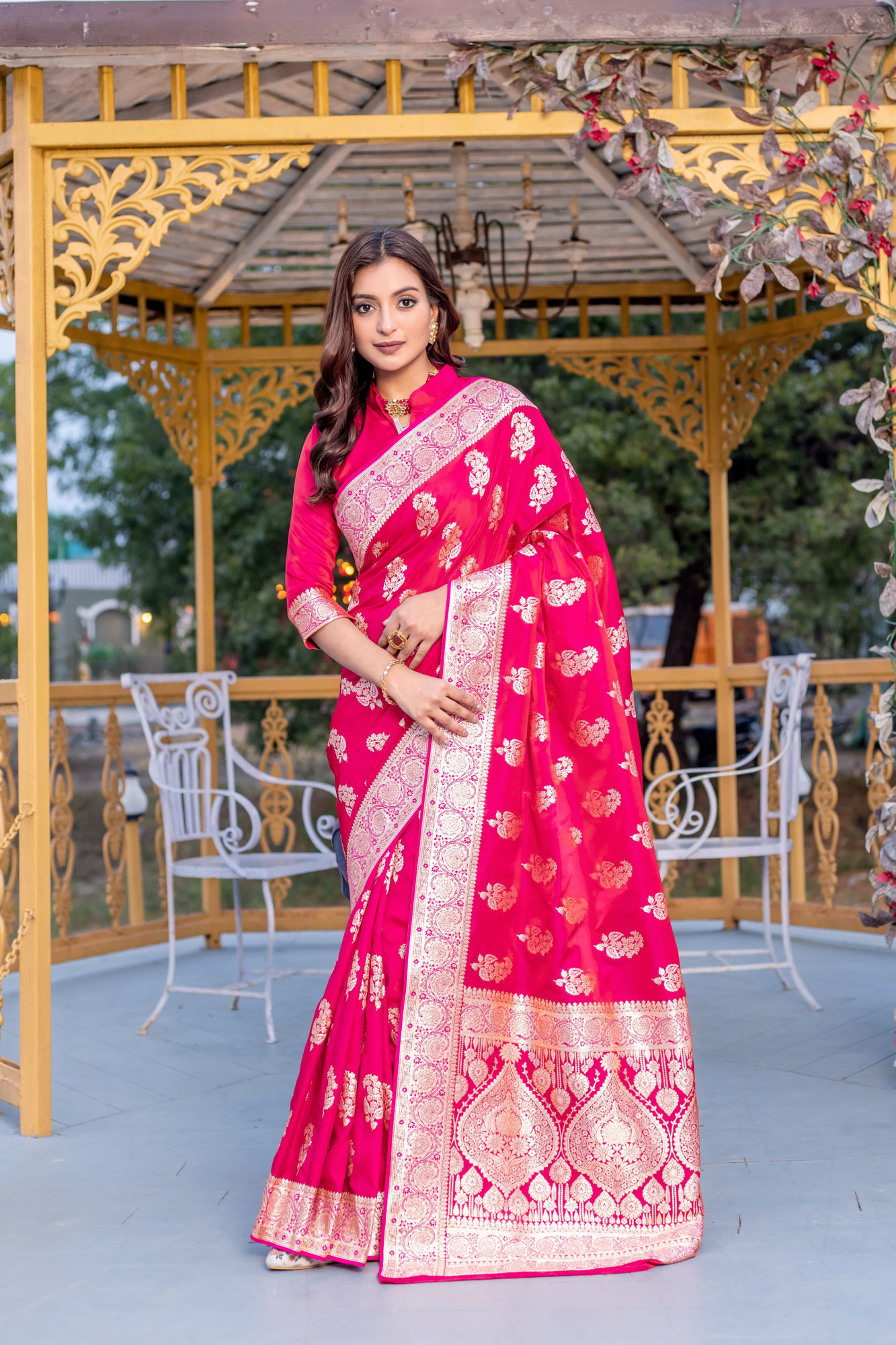 Raani Pure Mushroo Banarasi Satin Silk Rich All Over Zari Weaved Saree