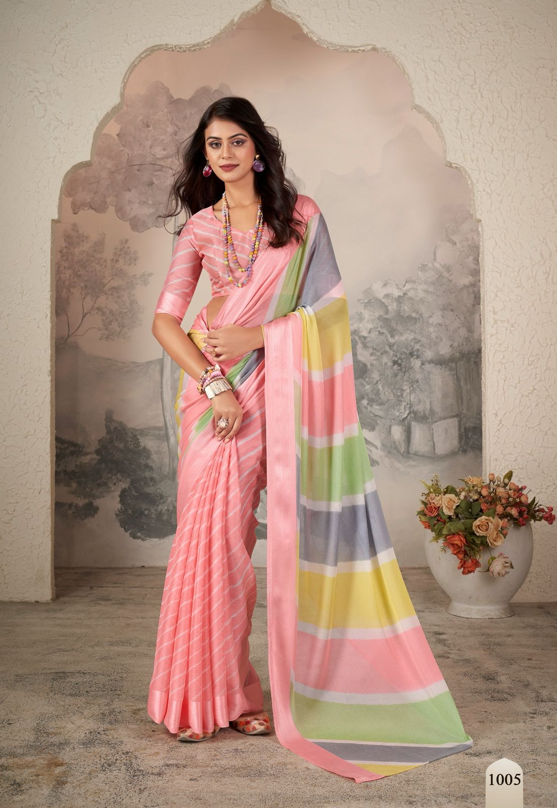 Pink Pure Zari Chhifon Half Half Lehariya Printed Silver Zari Border Saree