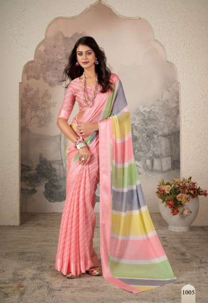 Image of Pink Pure Zari Chhifon Half Half Lehariya Printed Silver Zari Border Saree