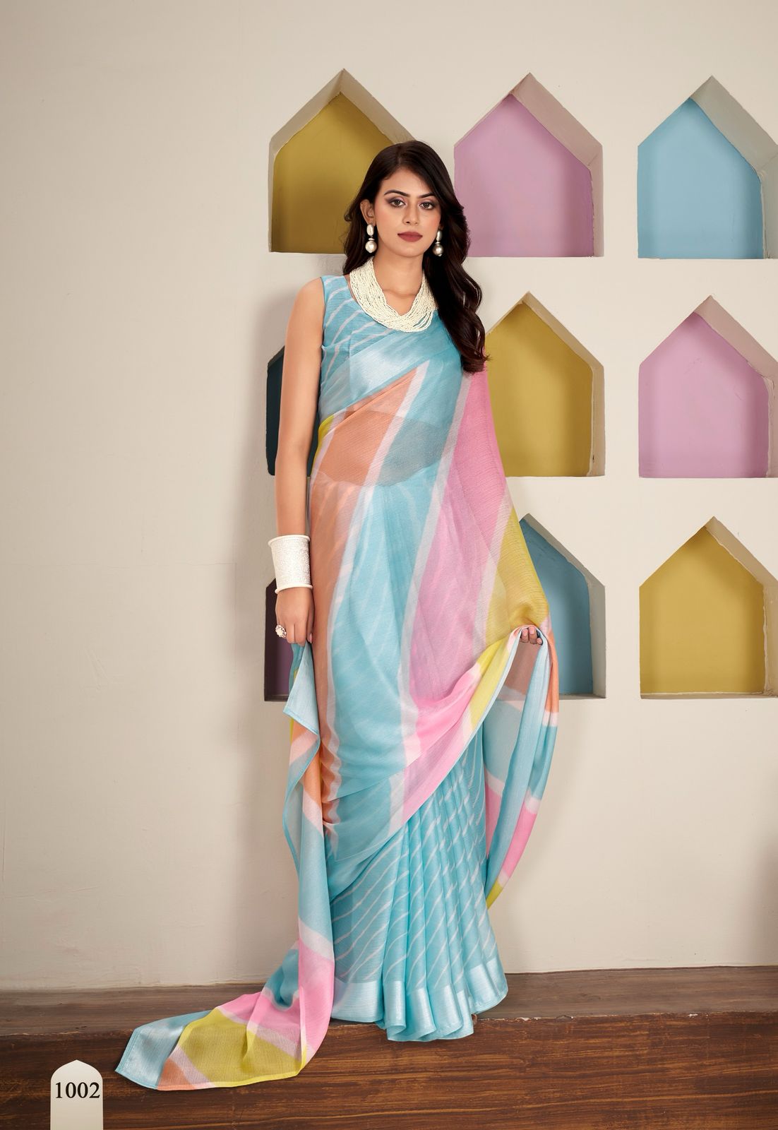Sky Blue Pure Zari Chhifon Half Half Lehariya Printed Silver Zari Border Saree