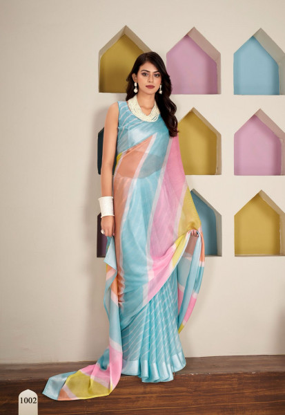 Image of Sky Blue Pure Zari Chhifon Half Half Lehariya Printed Silver Zari Border Saree