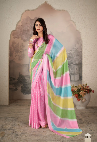 Image of Baby Pink Pure Zari Chhifon Half Half Lehariya Printed Silver Zari Border Saree