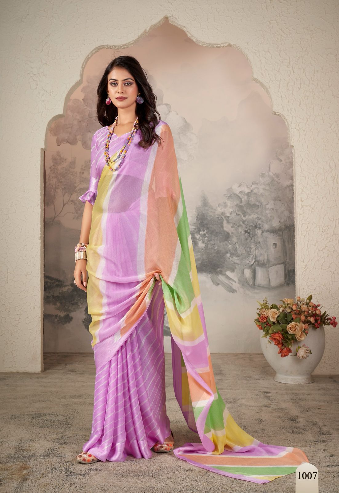Purple Pure Zari Chhifon Half Half Lehariya Printed Silver Zari Border Saree