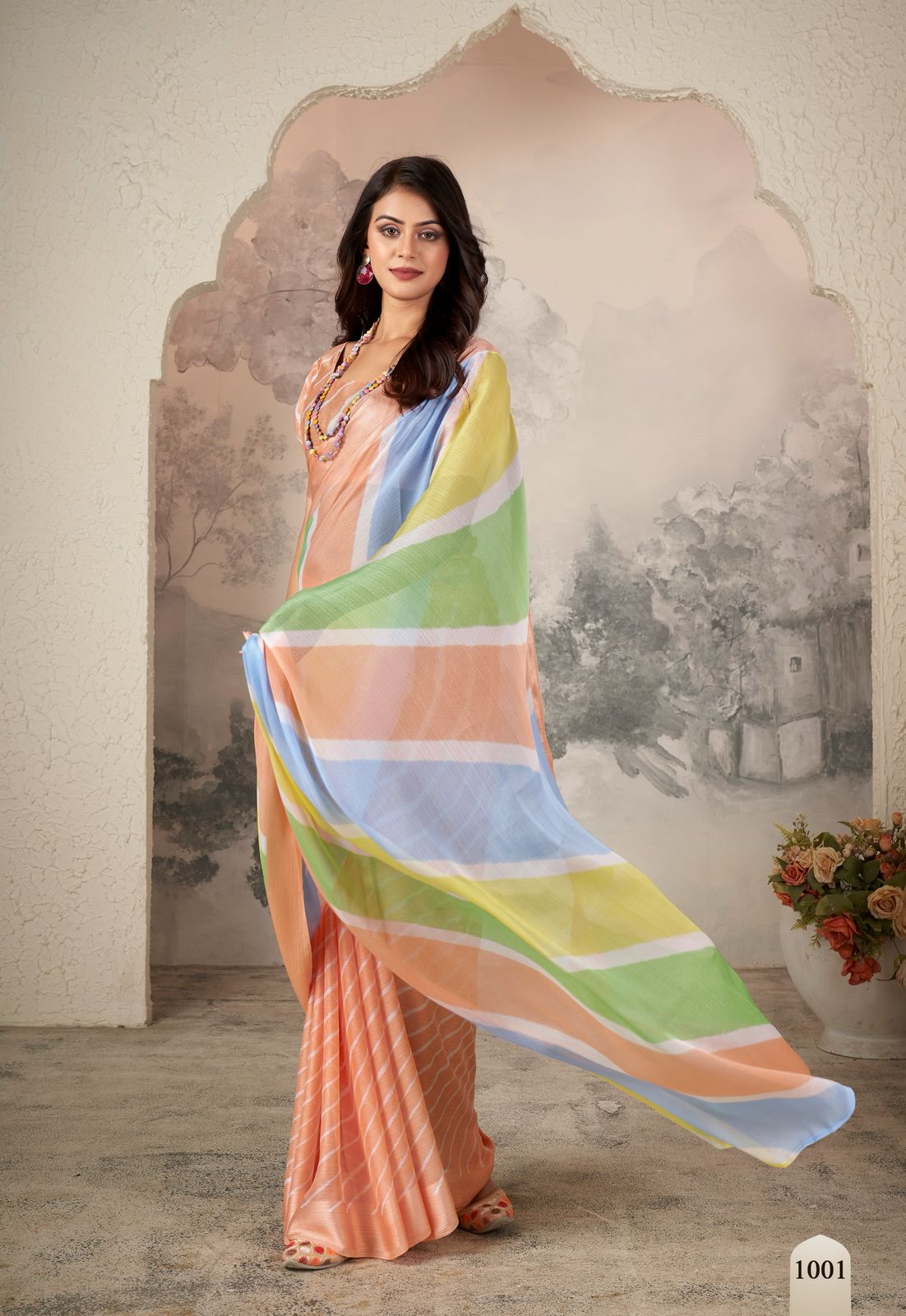 Peach Pure Zari Chhifon Half Half Lehariya Printed Silver Zari Border Saree