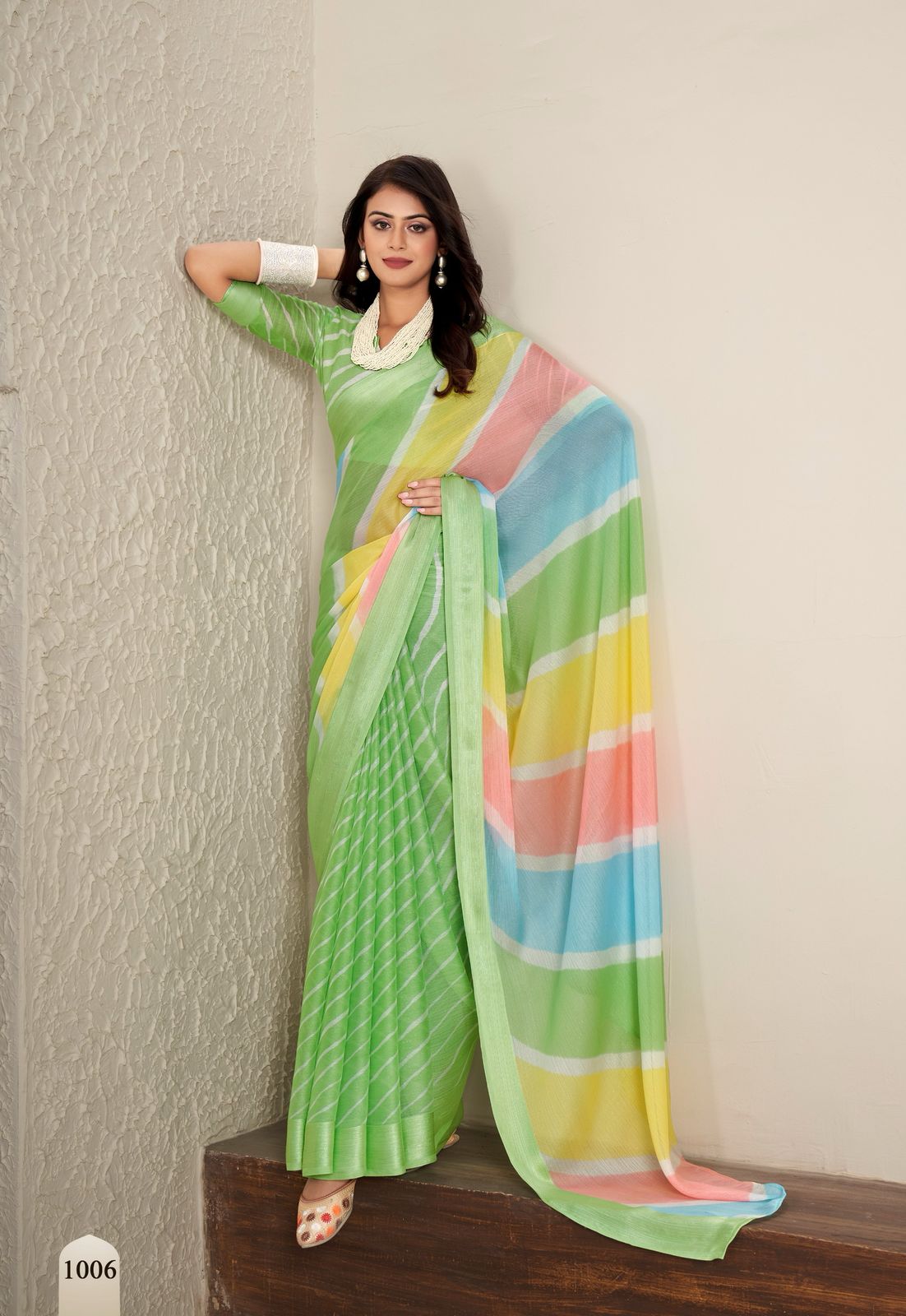 Mint Green Pure Zari Chhifon Half Half Lehariya Printed Silver Zari Border Saree
