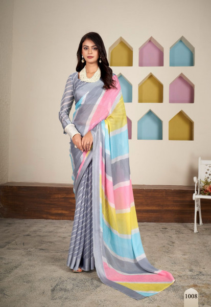 Image of Gray Pure Zari Chhifon Half Half Lehariya Printed Silver Zari Border Saree