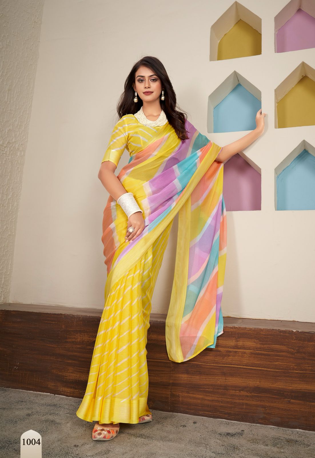 Yellow Pure Zari Chhifon Half Half Lehariya Printed Silver Zari Border Saree