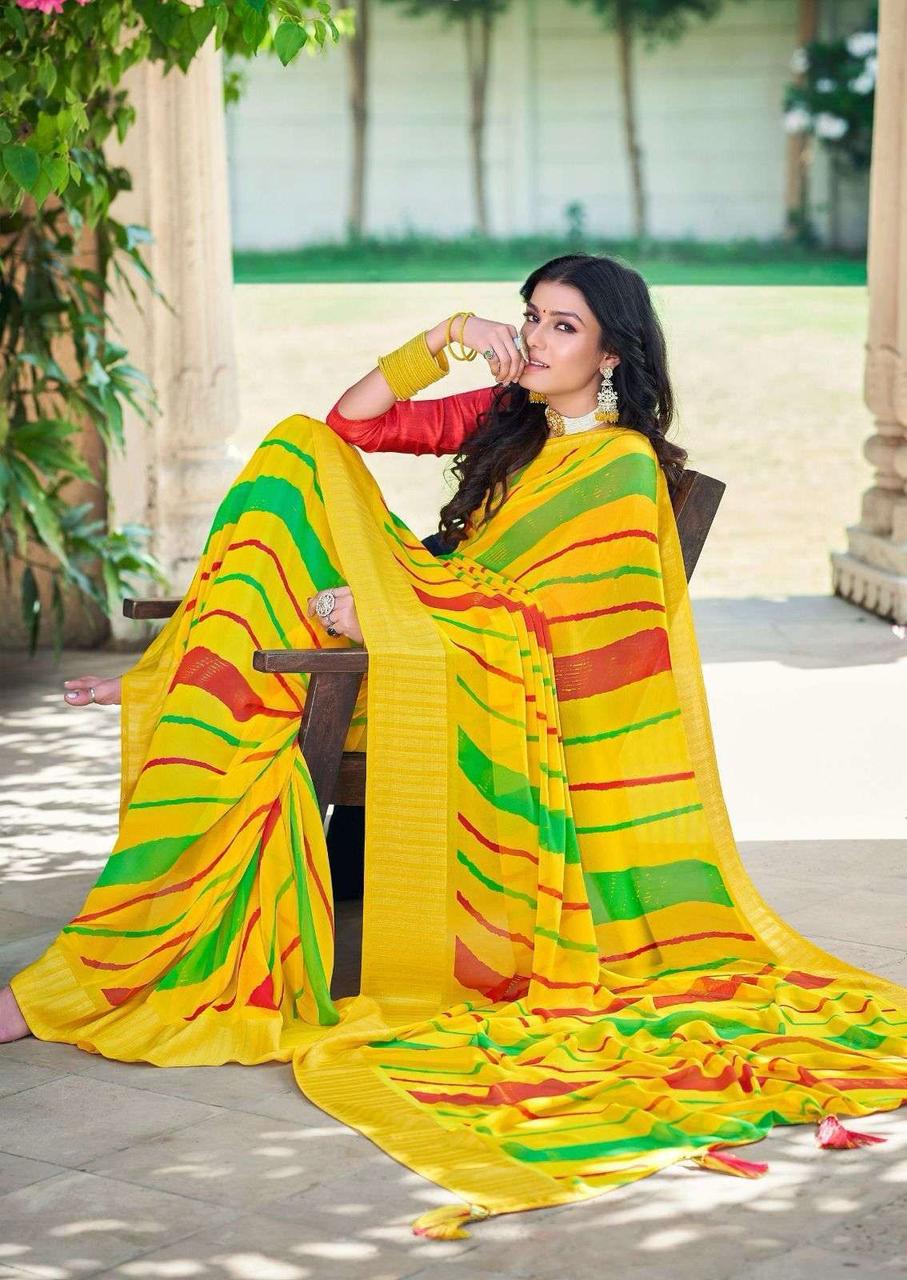 Yellow Soft Georgette Lehariya Print Silver Zari Border Saree