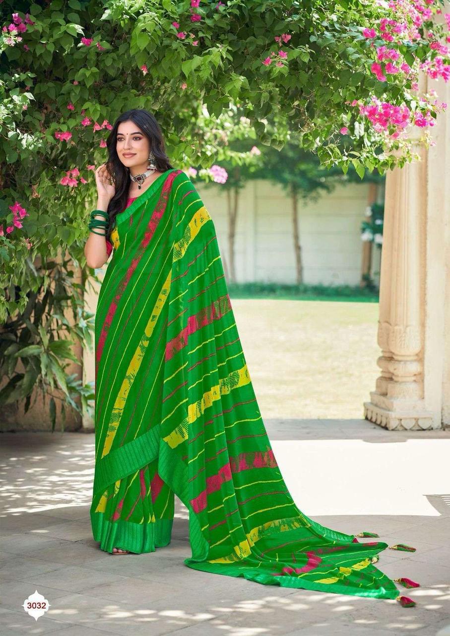 Green Soft Georgette Lehariya Print Silver Zari Border Saree