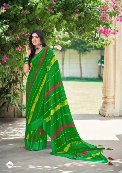 Image of Green Soft Georgette Lehariya Print Silver Zari Border Saree