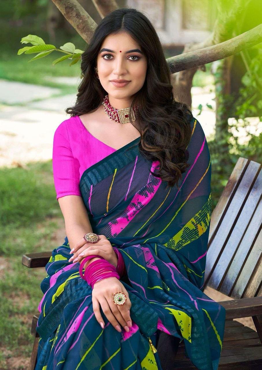 Dark Teal Soft Georgette Lehariya Print Silver Zari Border Saree