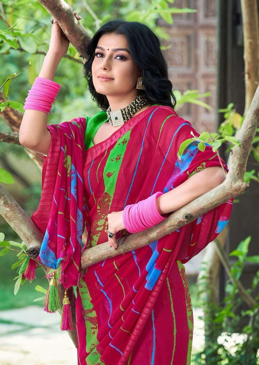 Maroon Soft Georgette Lehariya Print Silver Zari Border Saree