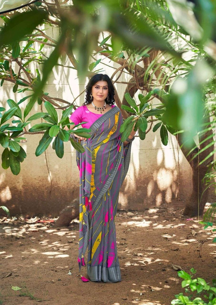 Gray Soft Georgette Lehariya Print Silver Zari Border Saree