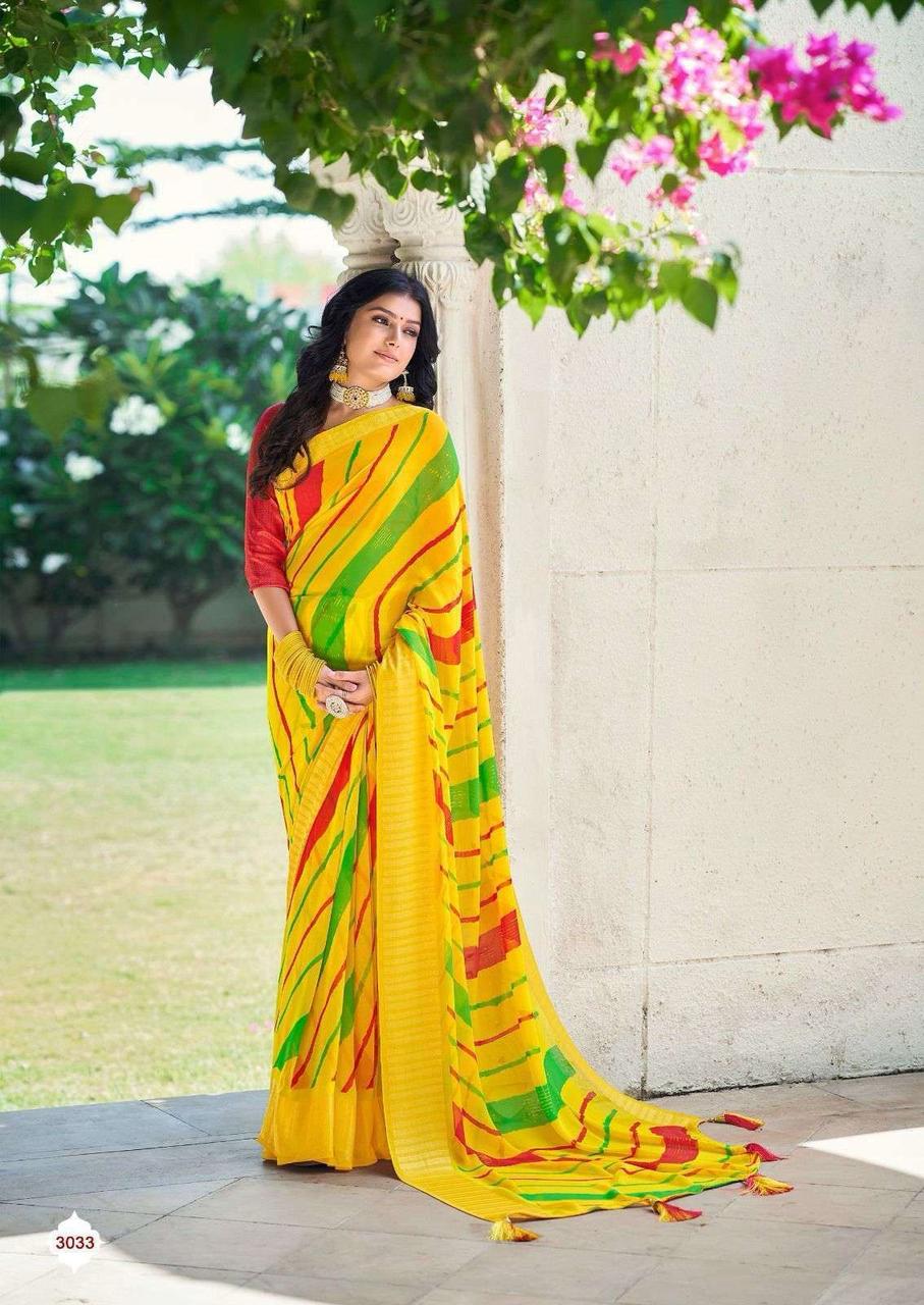 Yellow Soft Georgette Lehariya Print Silver Zari Border Saree