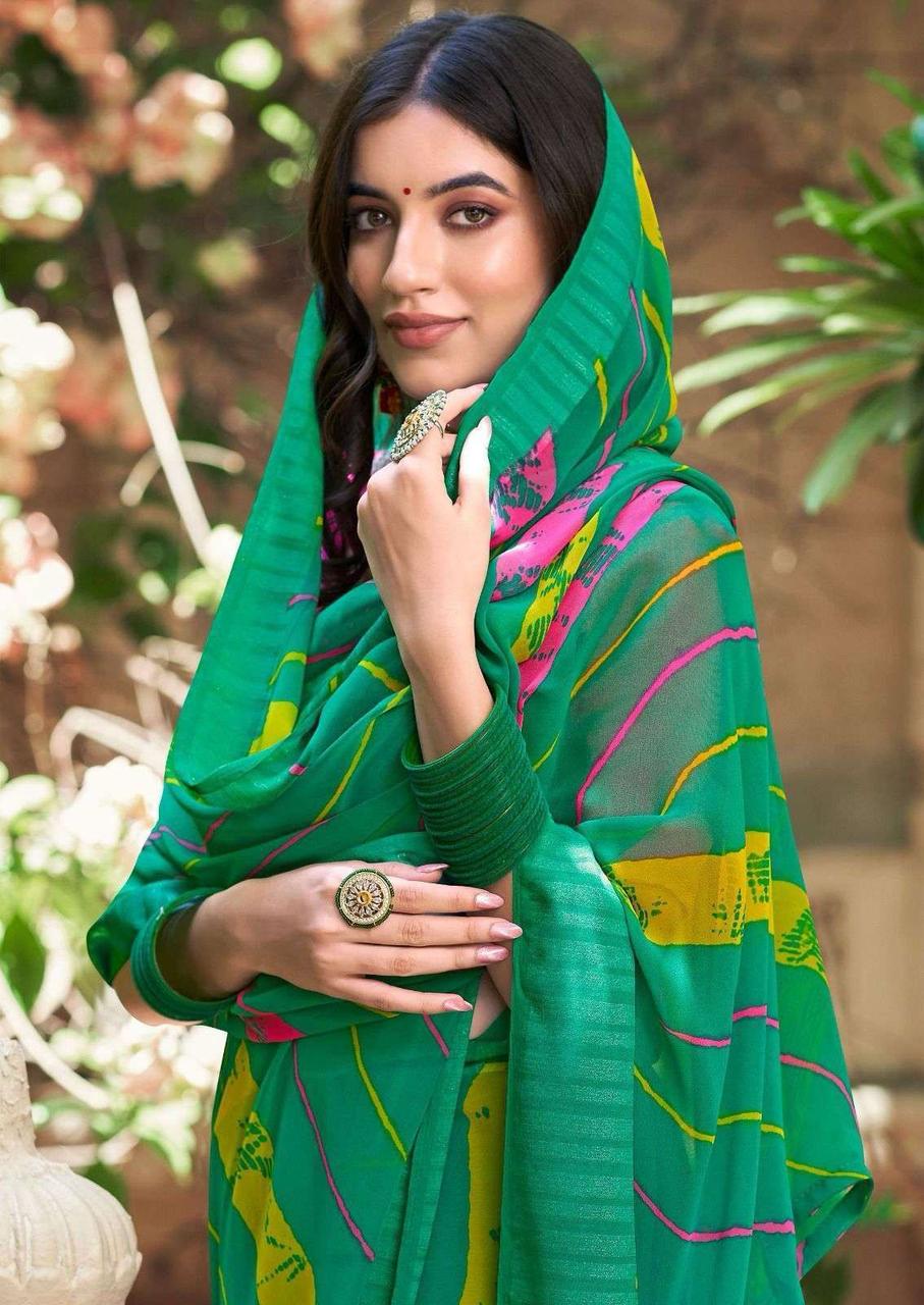 C-Green Soft Georgette Lehariya Print Silver Zari Border Saree