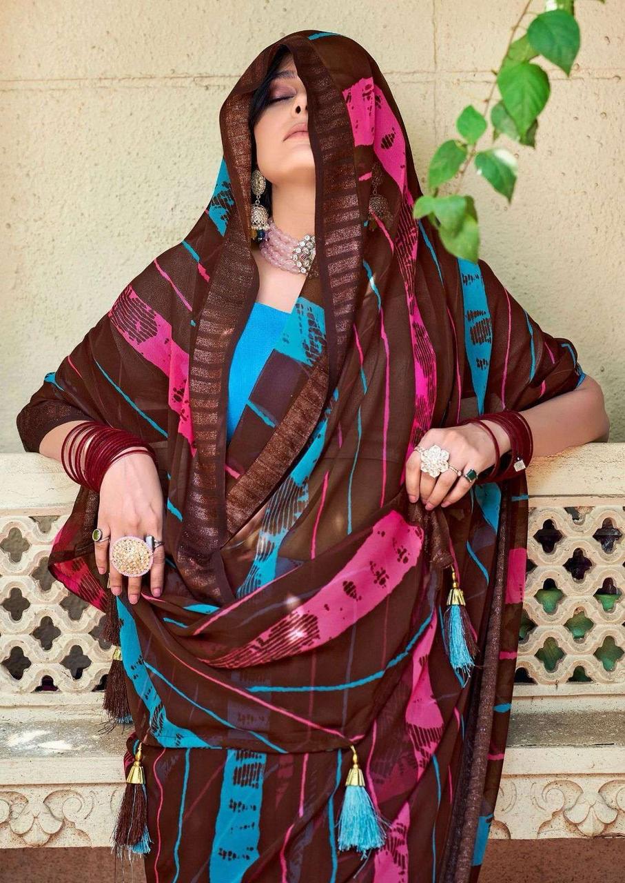 Coffee Soft Georgette Lehariya Print Silver Zari Border Saree