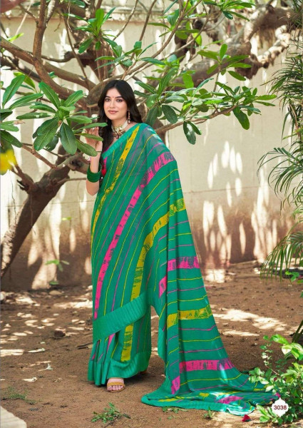 Image of C-Green  Soft Georgette Lehariya Print Silver Zari Border Saree